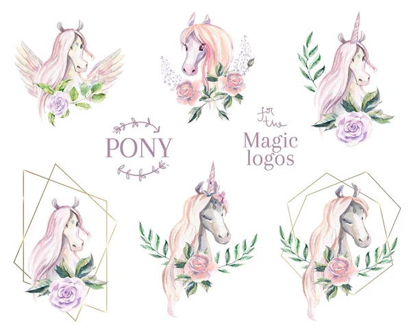 Magic pony logo. Collection of watercolor logotype with horse, unicorn, pegasus. Hand drawing illustration.