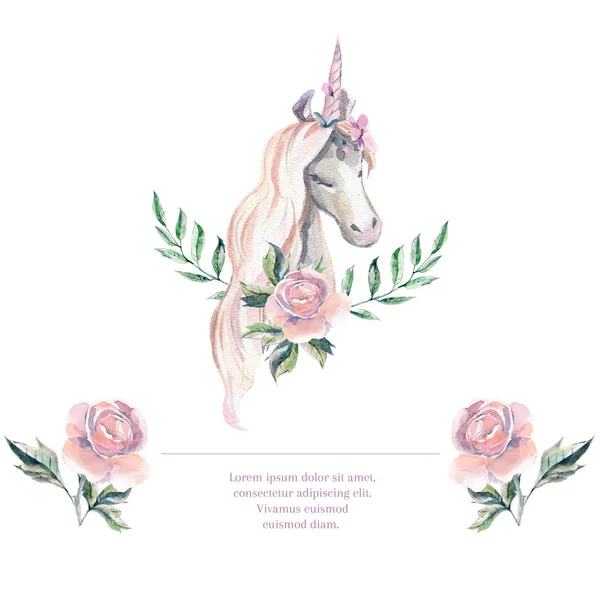 Magic pony logo. Watercolor logotype with  unicorn. Hand drawing illustration.
