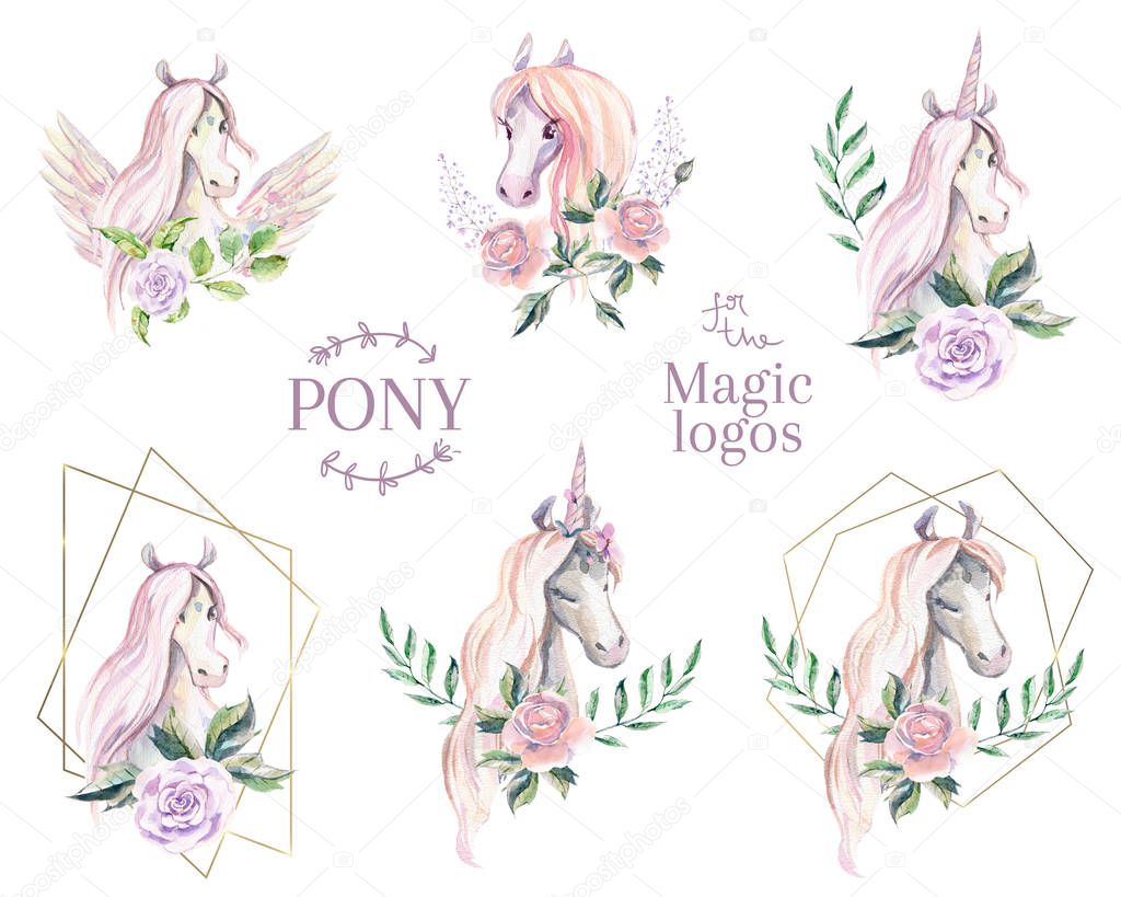 Magic pony logo. Collection of watercolor logotype with horse, unicorn, pegasus. Hand drawing illustration.