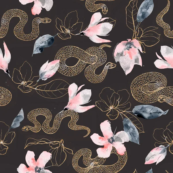 Seamless pattern with golden flowers and snakes on the black bac — Stock Photo, Image