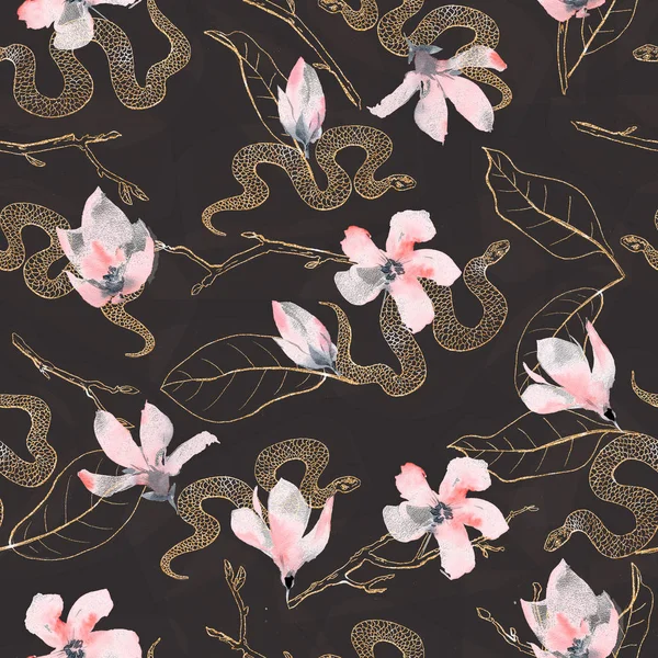 황금 꽃과 뱀이 검은 bac에 완벽 한 패턴 — 스톡 사진