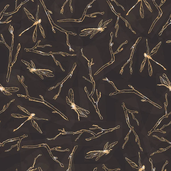 Padrão sem costura com libélulas douradas e galhos na bla — Fotografia de Stock