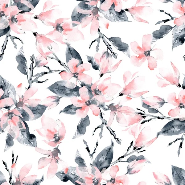 Seamless pattern with flowers and leaves. Pink magnolia flowers