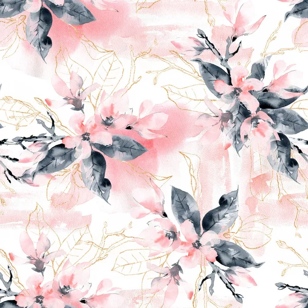 Seamless pattern with flowers and leaves. Pink magnolia flowers — Stock Photo, Image