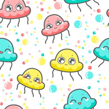 Kawaii sevimli sorunsuz desen yüzme mutlu denizanası ile. Parlak çocuksu renkler. Vektör çizimi.