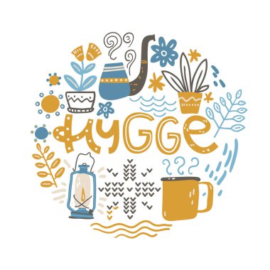 Hygge, ne oldu? Yuvarlak tasarım elemanları ile el yazısı. Vektör illüstrasyon, düz naif tarzı