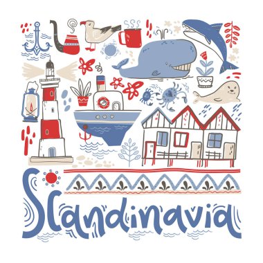 Iskandinavya. Karetasarım elemanları ile el yazısı. Vektör illüstrasyon, düz naif tarzı