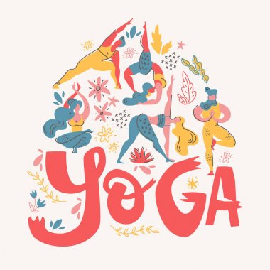 Yoga poster in folk scandinavian style with yogis, plants and lettering. Flat vector illustration. Bright colors. clipart