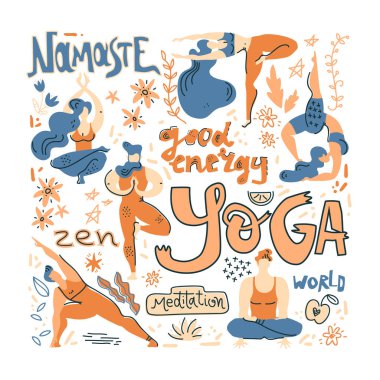 Yoga poster in folk scandinavian style with yogis, plants and lettering. Flat vector illustration. Bright colors. clipart
