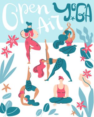 Vektör poster insanlar tropikal yaprakları arasında havada yoga yapmak. Açık hava jimnastiği. El yazısı.