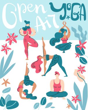 Vector poster with people do yoga on the air among tropical leaves. Open air gymnastic. Hand lettering. clipart