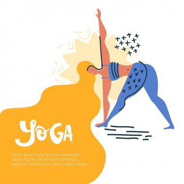 Asana 'da bir kadınla yoga arkaplan çizimi, güzel saçlar üzerine yazı. Düz halk çizimi, İskandinav tarzı.. 