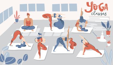 Illustration with yoga classes. Men and woman do yoga in the hall. Flat simple style. clipart