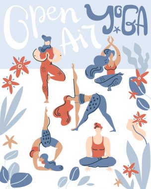 Vektör poster insanlar tropikal yaprakları arasında havada yoga yapmak. Açık hava jimnastiği. El yazısı.