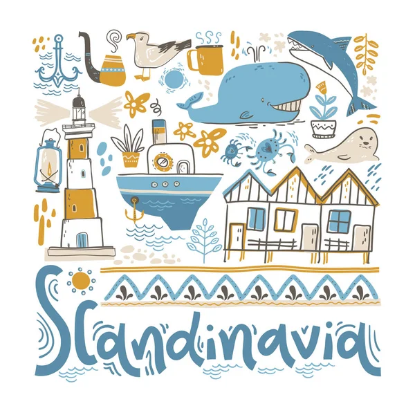 Scandinavia Lettere Mano Con Elementi Design Nel Quadrato Illustrazione Vettoriale — Vettoriale Stock