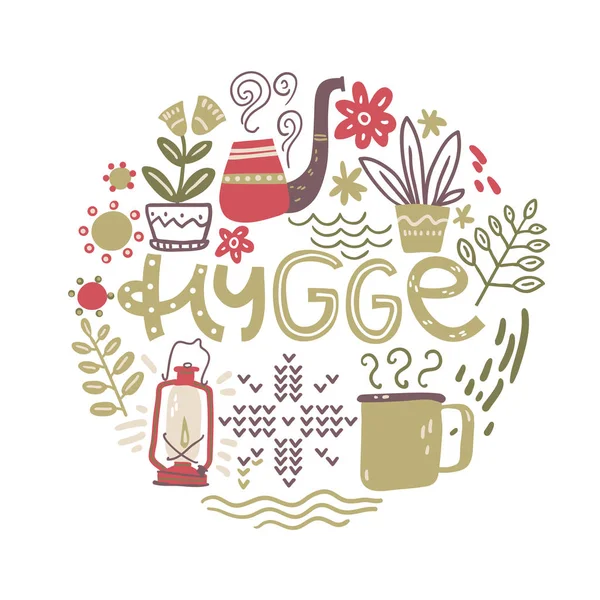 Hygge Letras Manuales Con Elementos Diseño Redondo Ilustración Vectorial Estilo — Vector de stock