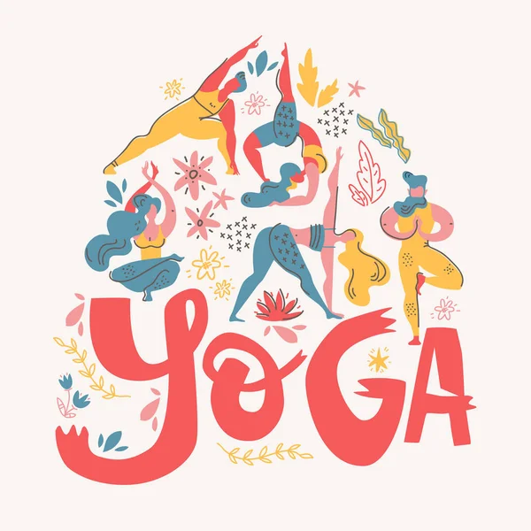 Affiche Yoga Style Scandinave Folklorique Avec Yogis Plantes Lettrage Illustration — Image vectorielle