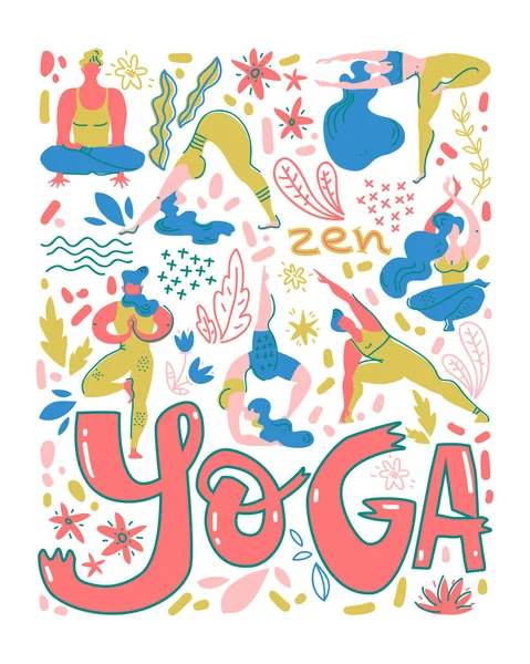 Yoga Poster Folk Scandinavian Style Yogis Plants Lettering Flat Vector — 스톡 벡터