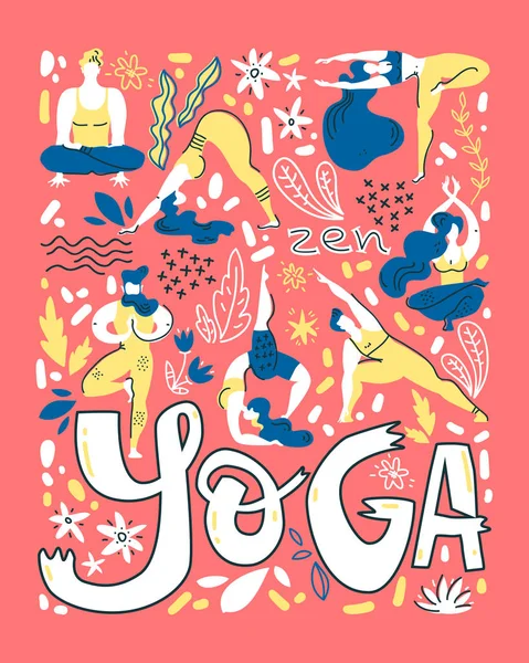 Плакат Йоги Народном Скандинавском Стиле Йогами Растениями Надписями Плоский Векторный — стоковый вектор