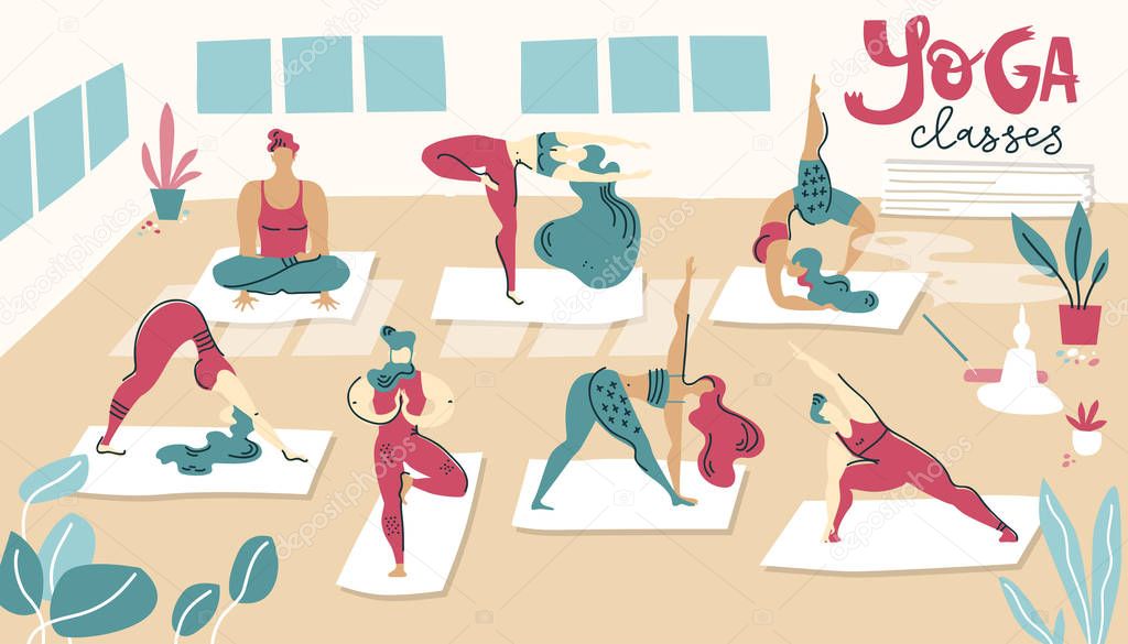 Illustration with yoga classes. Men and woman do yoga in the hall. Flat simple style.