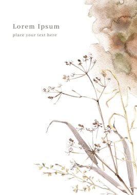 Kuru kahverengi otlar ile suluboya kompozisyon. Kart şablonu.