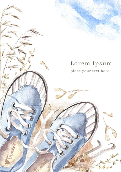 Aquarel illustratie met blauwe Sneakers, bodem en droge kruiden — Stockfoto