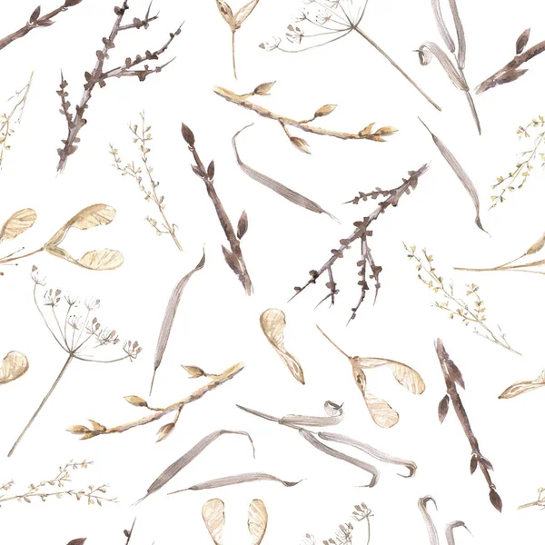 Acuarela dibujado a mano patrón sin costura con hierbas secas, suelo de bosque marrón —  Fotos de Stock
