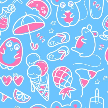 Süper sevimli hayvanlar penguen, fare ve yaz tatlı meyve, koktals ve dondurma ve yaz elemanları flip flop, bikini ve şemsiye ile Kawaii dikişsiz desen.