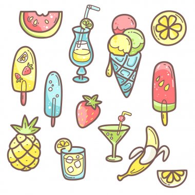 Yaz tatlı gıda, dondurma, meyve ve coctails Kawaii sevimli koleksiyonu. 