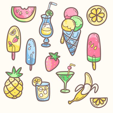 Yaz tatlı gıda, dondurma, meyve ve coctails Kawaii sevimli koleksiyonu. 