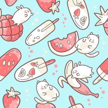 Yaz tatlı gıda, dondurma, meyve ve tatlılar arasında atlama komik karakterler ile Kawaii sevimli sorunsuz desen.