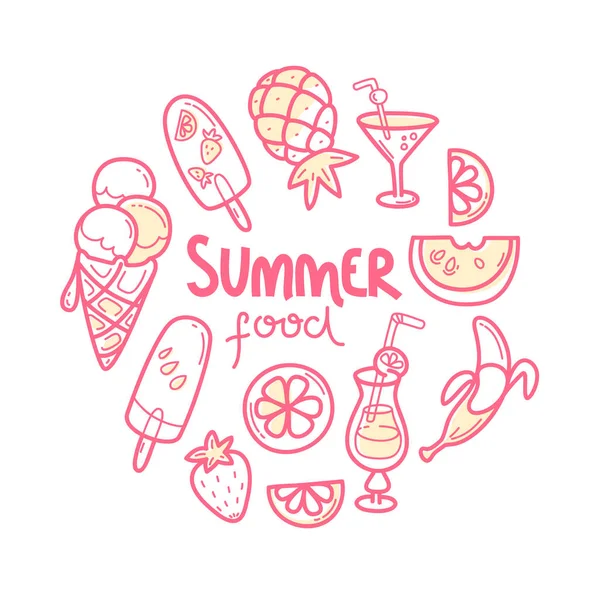Χαριτωμένο στρογγυλό εικονογράφηση με το καλοκαίρι γλυκό φαγητό, παγωτό, φρούτα και κοουρίτσες. — Διανυσματικό Αρχείο