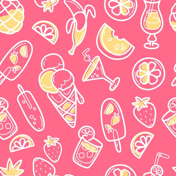 Kawaii cute seamless pattern with summer sweet food, ice-cream, fruits and coctails. — Stock Vector