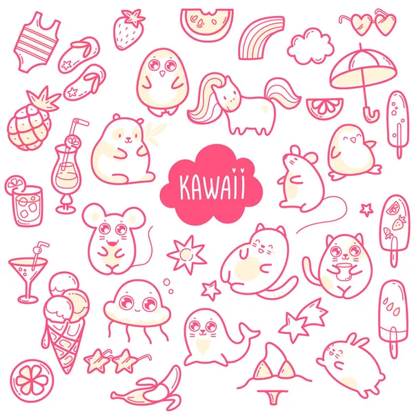 Kawaii cute collection of super cute animals jellyfish, panda, bear, pony, penguin, fur seal, seal, cat, kitten, rabbit, hare, mouse and summer sweets and elements. — Stock Vector