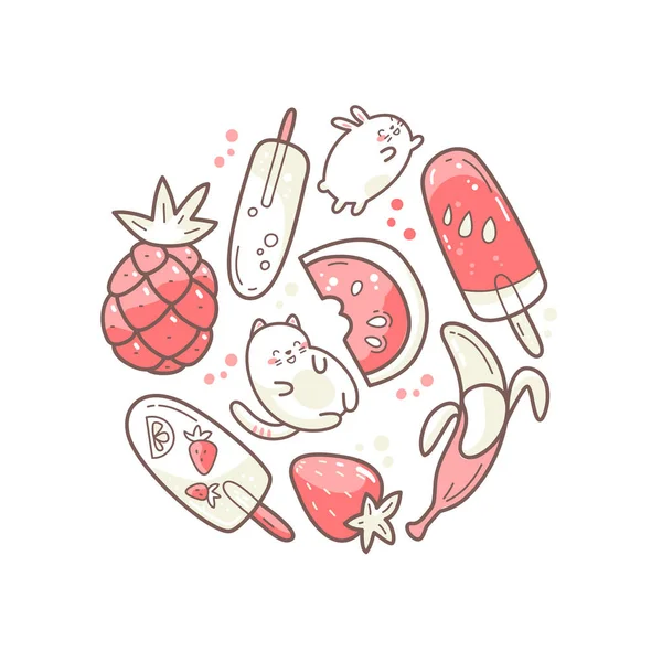 Kawaii linda ilustración redonda con comida dulce de verano, helado, frutas y personajes divertidos saltando entre postres . — Archivo Imágenes Vectoriales