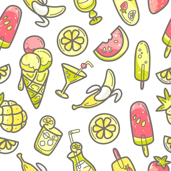 Χαριτωμένο ενιαίο μοτίβο με το καλοκαίρι γλυκό φαγητό, παγωτό, φρούτα και κοκτέιλ. — Διανυσματικό Αρχείο