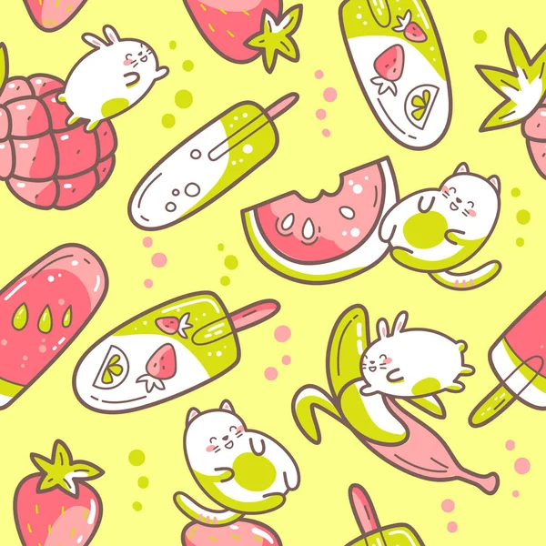 Kawaii rozkošně bezproblémové a letní sladké jídlo, zmrzlina, ovoce a zábavné postavy skákající mezi moučníky. — Stockový vektor