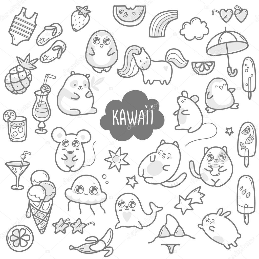 Kawaii cute collection of super cute animals jellyfish, panda, bear, pony, penguin, fur seal, seal, cat, kitten, rabbit, hare, mouse and summer sweets and elements. 