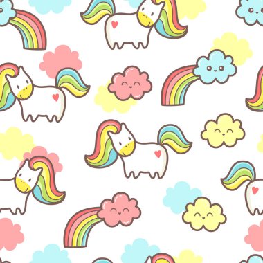 Sevimli kawaii tek boynuzlu at, gökkuşağı, yıldız ve bulutlar ile dikişsiz sihirli desen.