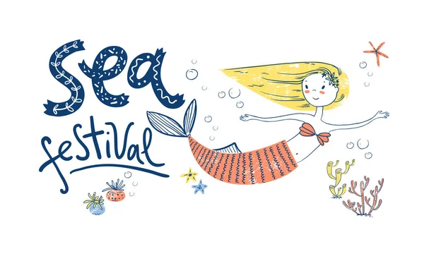 Plakat morski Festiwal z cute syrenka. Napis ręczny. — Wektor stockowy