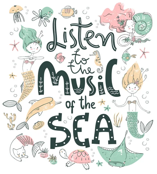 Cartel con letras de mano. Escucha la música del mar. Lindo estilo escandinavo . — Archivo Imágenes Vectoriales