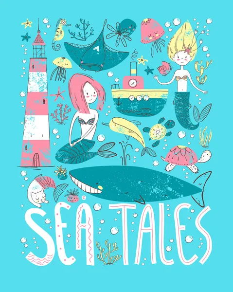 Poster Meeresgeschichten mit Meeressymbolen. Meerjungfrauen und Meerestiere, Wassertransport und Leuchtturm. — Stockvektor