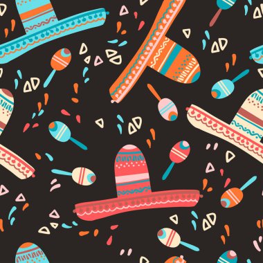 Sombrero şapka, maracas ve dekoratif eleme ile dikişsiz desen