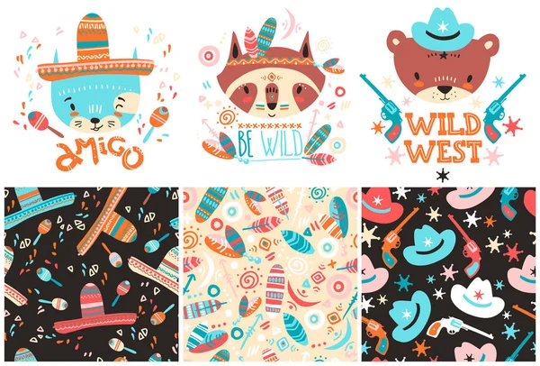 Bébés animaux mignons et motifs sans couture. Vecteur dessiné à la main illus — Image vectorielle