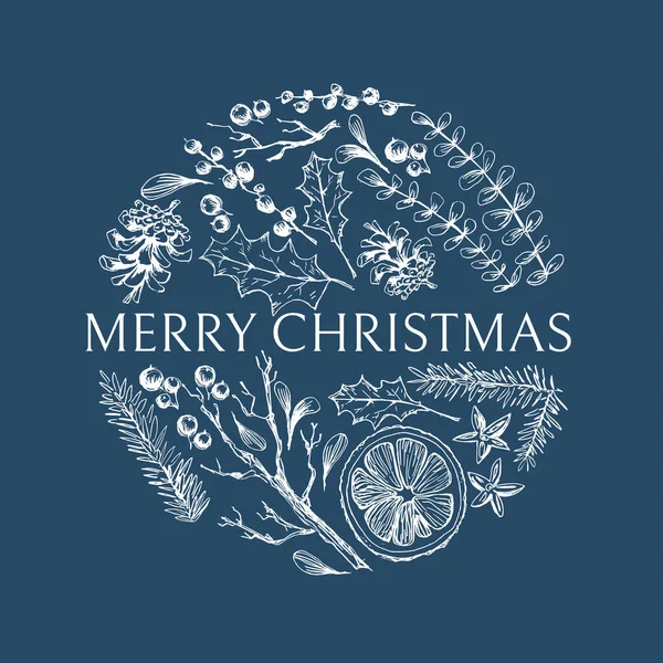 Wektor ręcznie rysowane okrągłe ilustracji z Christmas naturalnych elementów ziołowych. Jemioła, cytrusowych i jodłowych gałęzi. Wesołych Świąt Bożego Narodzenia logo. — Wektor stockowy
