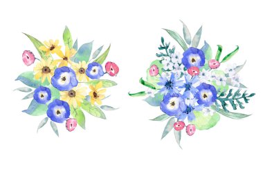 Buket içinde suluboya kır çiçekleri. Pansies, calendula, cornflowers ve yeşillik. Yuvarlak kompozisyon. El boyama