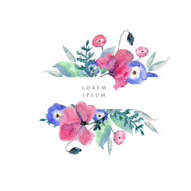 Kır çiçekleri, haşhaş, pansies, yaprak ve çim ile Suluboya çerçeve. Yatay kompozisyon, hazır şablon