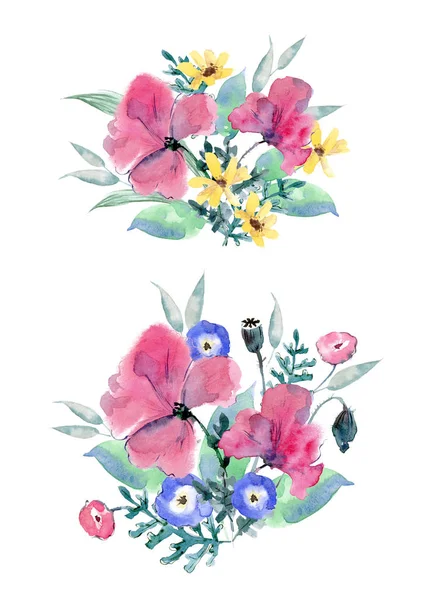 花束の中の水彩の野生の花 ポピー パンジー カレンデュラ 丸い組成物 手描き — ストック写真
