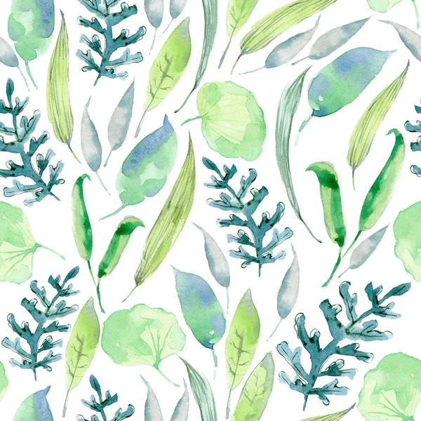 Watercolor Seamless Pattern Grass Leaves Greenery Wildflowers Meadow Hand Painting — Stock Photo, Image