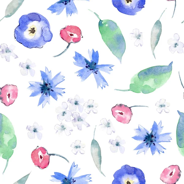 Watercolor Seamless Pattern Cornflowers Pansies Leaves Greenery Wildflowers Meadow Hand — Stock Photo, Image